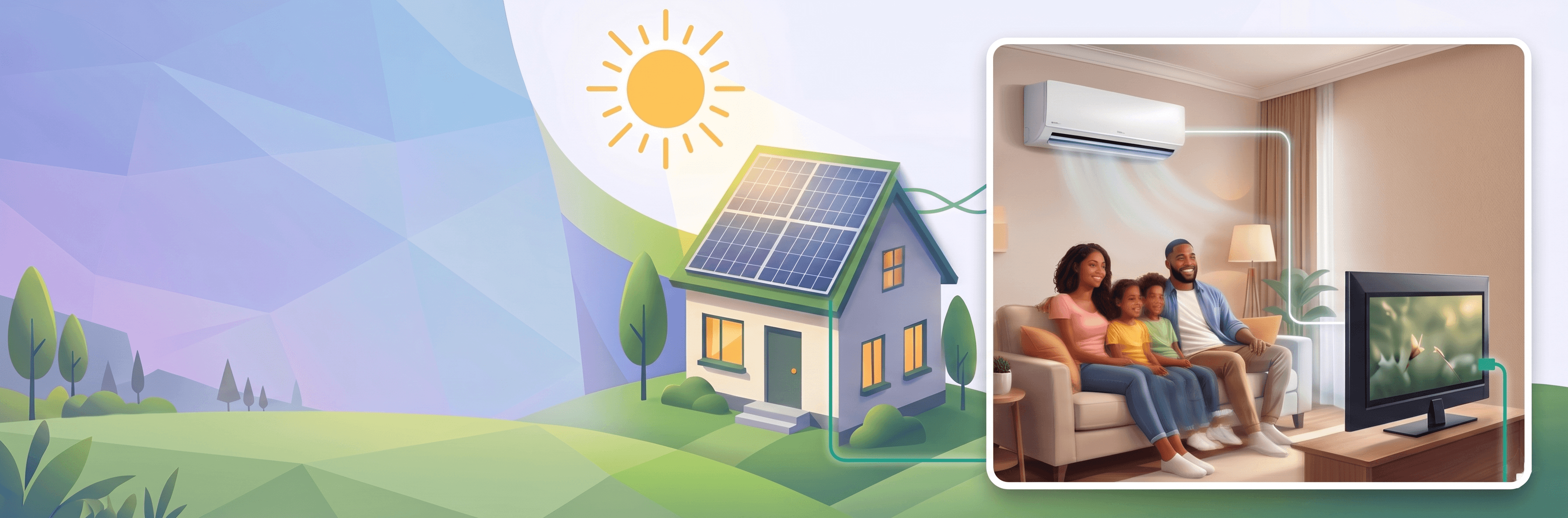 Ilustração de casa com painéis solares e energia levando conforto à família na sala.